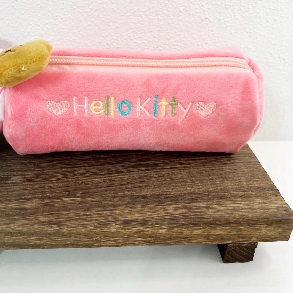 Hello Kitty Plush Pencil Case – Pink Soft Zipper Pouch with Bear Charm